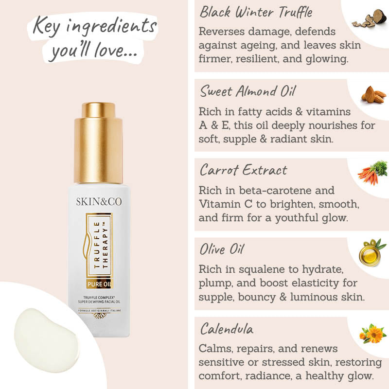 Skin & Co Truffle Therapy Super Dewying Face Oil Key ingredients - black winter truffle, sweet almond oil, carrot extract, olive oil, calendula