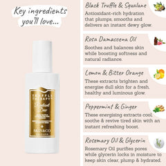 Skin & Co Truffle Therapy Radiant Dew Mist Key Ingredients -black truffle, squalane, rose, lemon, orange, peppermint, ginger, rosemary, glycerin