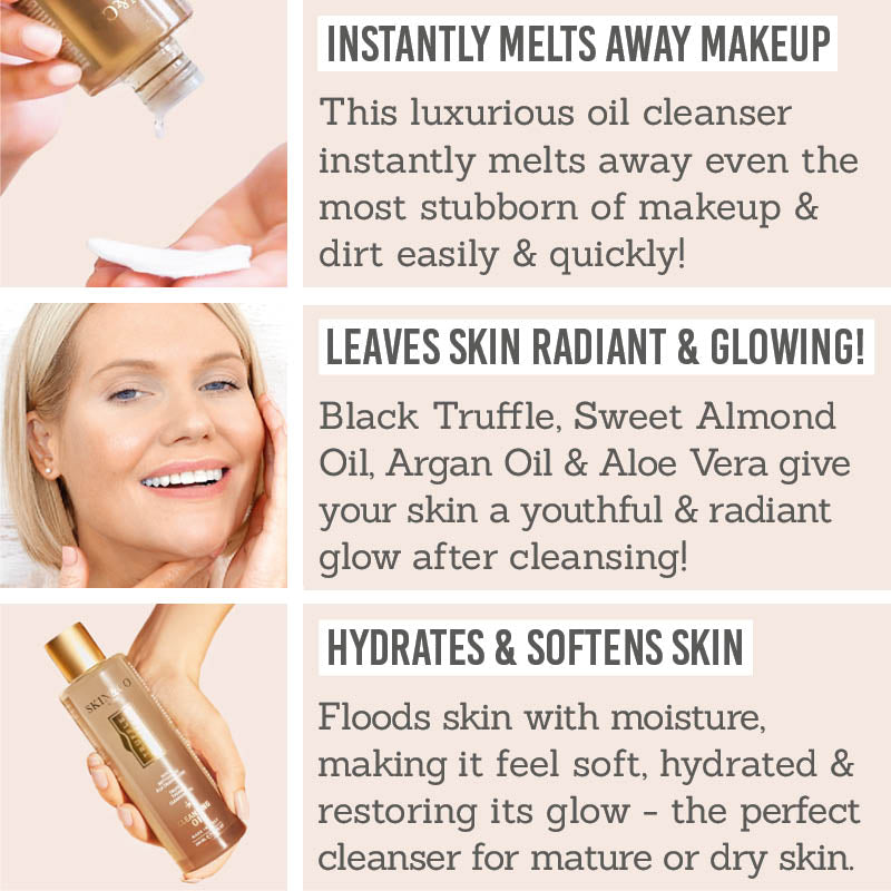 Benefits of Skin and Co Truffle Therapy Cleansing Oil - Instantly melts makeup away, leaves skin radiant and glowing, hydrates and softens skin