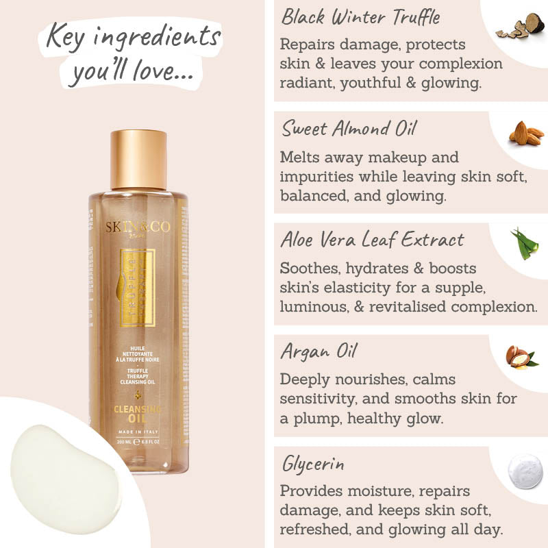 Skin and Co Truffle Therapy Cleansing Oil key ingredients - black winter truffle, sweet almond oil, aloe vera leaf extract, argan oil, glycerin