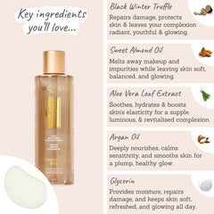 Skin and Co Truffle Therapy Cleansing Oil key ingredients - black winter truffle, sweet almond oil, aloe vera leaf extract, argan oil, glycerin