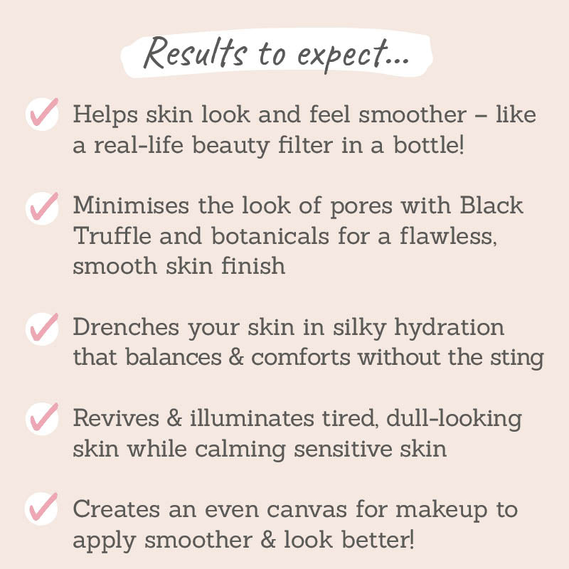 Results to expect - helps skin look smoother, black truffle minimises pores, skin feels hydrated & balanced, revives tired skin, makeup sits better  