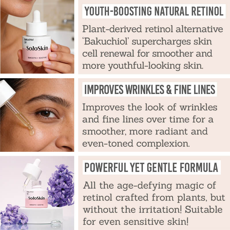 SoloSkin Bakuchiol Oil Key benefits - youth-boosting natural retinol, improves wrinkles & fine lines, powerful yet gentle formula 