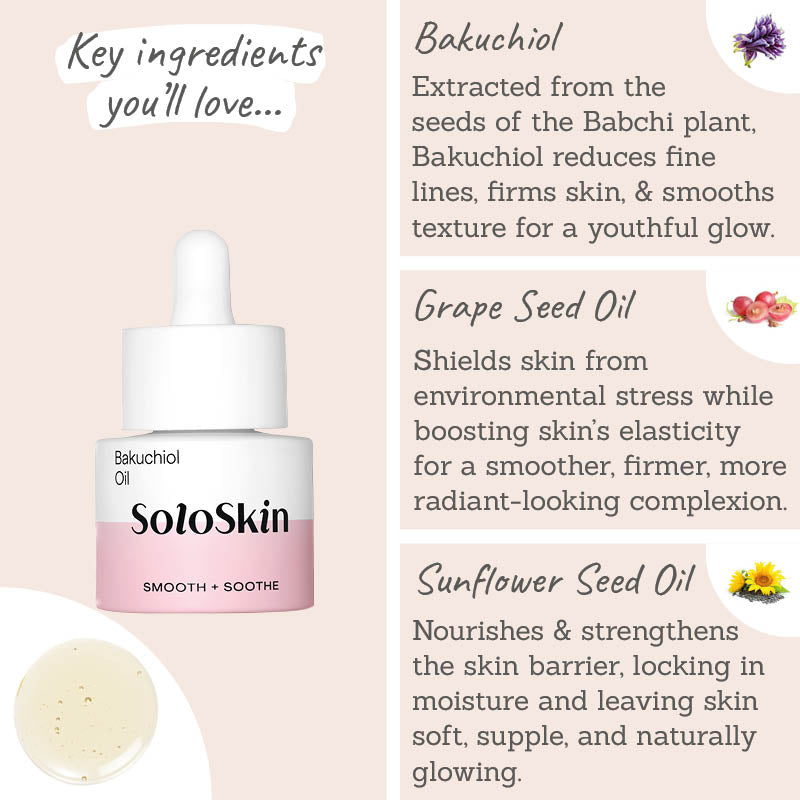 SoloSkin Bakuchiol Oil Key Ingredients - bakuchiol, grape seed oil, sunflower seed oil