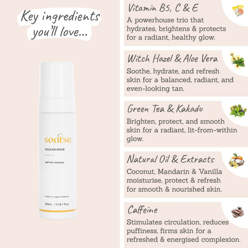Sontse Golden Hour Express Self-Tan Mousse key ingredients - vitamins B5, C and E, witch hazel, aloe vera, green tea, kakadu, natural oil and extracts, caffeine