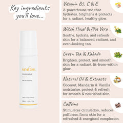 Sontse Golden Hour Express Self-Tan Mousse key ingredients - vitamins B5, C and E, witch hazel, aloe vera, green tea, kakadu, natural oil and extracts, caffeine