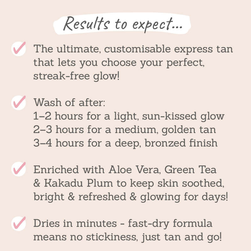 Sontse Golden Hour Express Self-Tan Mousse results to expect - lets you choose your tan, keeps skin soothed and glowing for days, dries in minutes, no stickiness