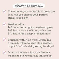 Sontse Golden Hour Express Self-Tan Mousse results to expect - lets you choose your tan, keeps skin soothed and glowing for days, dries in minutes, no stickiness