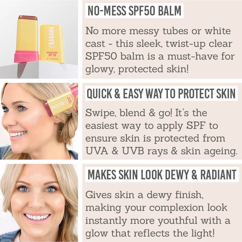 SOSU Bahama Skin Glow Sun Stick SPF50 Key Benefits - No-mess SPF50 balm, quick & easy way to protect skin, makes skin look dew & radiant