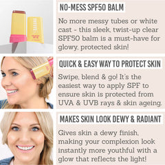 SOSU Bahama Skin Glow Sun Stick SPF50 Key Benefits - No-mess SPF50 balm, quick & easy way to protect skin, makes skin look dew & radiant