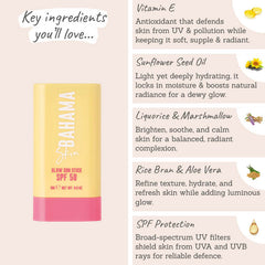 SOSU Bahama Skin Glow Sun Stick SPF50 ingredients - vitamin E, sunflower seed oil, liquorice & marshmallow, rice bran & aloe vera, SPF protection