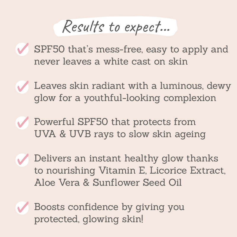 Results to expect - mess-free, easy to apply, no white cast, leaves skin radiant & luminous, UVA + UVB protection, skin-loving ingredients