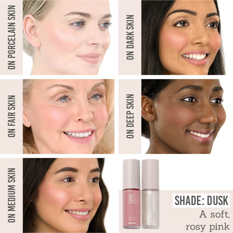SOSU Lifted Cheek Blush & Highlighter Duo in shade Dusk on various skin tones
