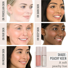 SOSU Lifted Cheek Blush & Highlighter Duo in shade Peachy Keen on various skin tones
