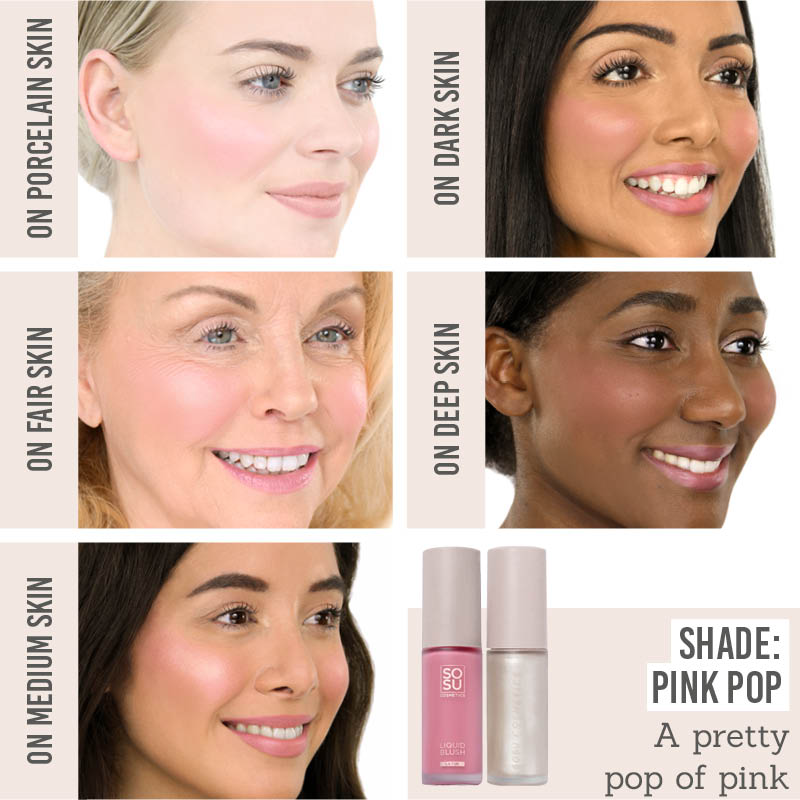 SOSU Lifted Cheek Blush & Highlighter Duo in shade Pink Pop on various skin tones