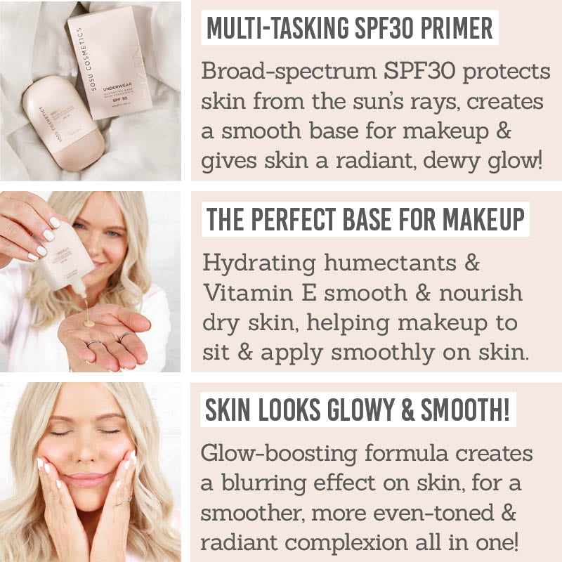 SOSU Underwear Hydrating Base SPF30 Key Benefits - Multi-tasking SPF30 primer, the perfect base for makeup, skin looks glowy & smooth