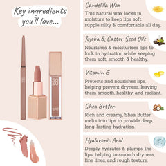 SOSU Natural Nude Lip Trio Key Ingredients - candelilla wax, jojoba & castor oil, vitamin e, shea butter, hyaluronic acid
