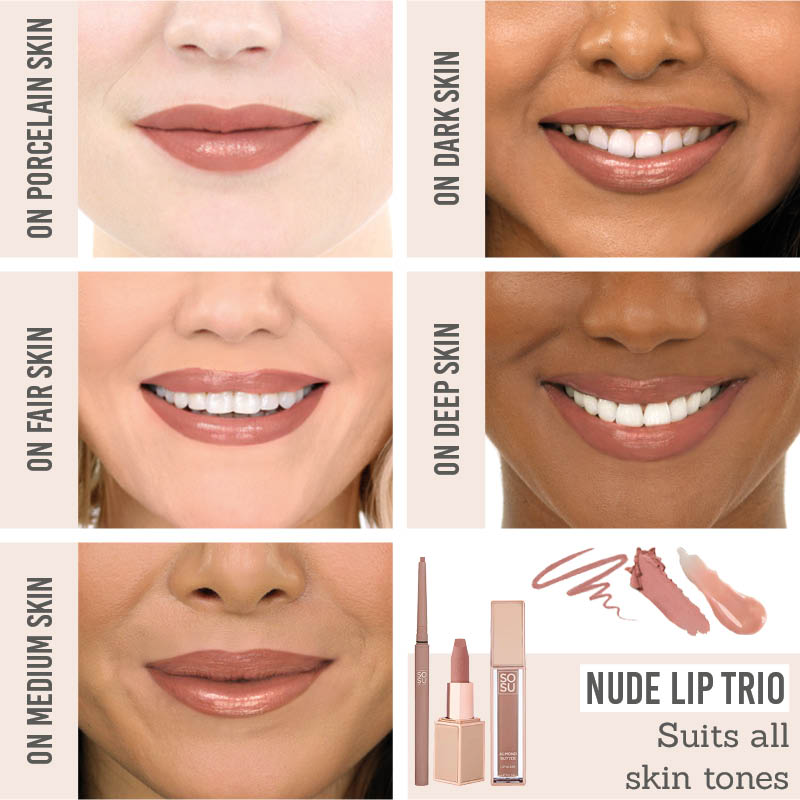 SOSU Natural Nude Lip Trio on different skin tones