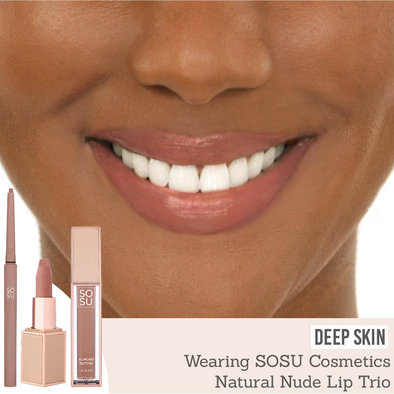 SOSU Natural Nude Lip Trio on deep skin