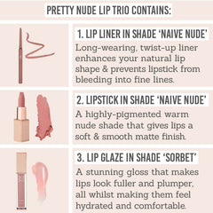 SOSU Cosmetics Pretty Nude Lip Trio contains lip liner in 'Naive Nude', lipstick in 'Naive Nude' & lip glaze in 'Sorbet'
