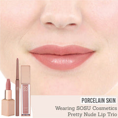SOSU Cosmetics Pretty Nude Lip Trio on porcelain skin