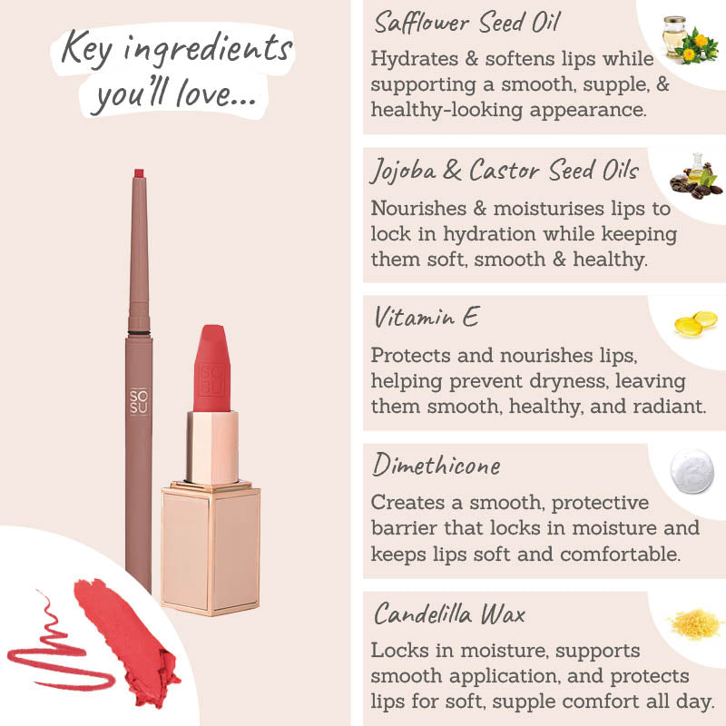 SOSU Perfect Red Lip Duo Key Ingredients - safflower, jojoba & castor seed oils, vitamin e, dimethicone, candelilla wax 