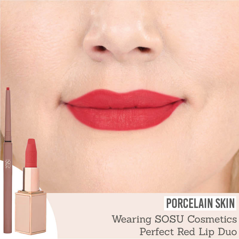SOSU Perfect Red Lip Duo on porcelain skin