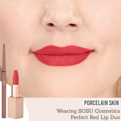 SOSU Perfect Red Lip Duo on porcelain skin