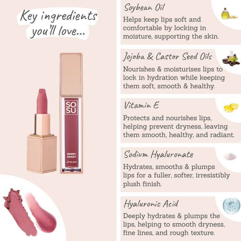 SOSU Ultimate Chic Lip Duo Key Ingredients - soybean oil, jojoba & castor oils, vitamin e, sodium hyalruonate hyaluronic acid