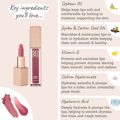 SOSU Ultimate Chic Lip Duo Key Ingredients - soybean oil, jojoba & castor oils, vitamin e, sodium hyalruonate hyaluronic acid