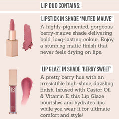 SOSU Ultimate Chic Lip Duo contains lipstick in shade 'Muted Mauve' & lip glaze in shade 'Berry Sweet'