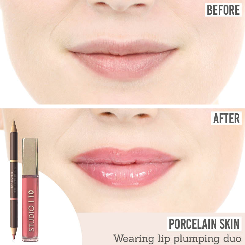 Studio 10 Lip Liner and Plumping Lip Gloss before and after results on porcelain skin