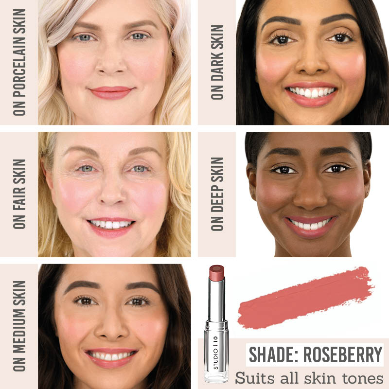 Studio 10 Wake up & Glow Lip & Cheek Tint in shade Roseberry on different skin tones