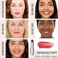 Studio 10 Wake Up & Glow Lip & Cheek Tint in shade 'EmpoweRED Poppy' on different skin tones