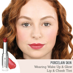 Studio 10 Wake Up & Glow Lip & Cheek Tint in shade 'EmpoweRED Poppy' on porcelain skin
