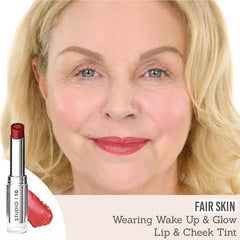 Studio 10 Wake Up & Glow Lip & Cheek Tint in shade 'EmpoweRED Poppy' on fair skin