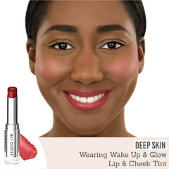 Studio 10 Wake Up & Glow Lip & Cheek Tint in shade 'EmpoweRED Poppy' on deep skin