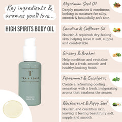 Tea + Tonic High Spirits Oil key ingredients - Abyssinian, camelina & safflower, ginseng & brahmi, peppermint & eucalytpus, blackcurrant & poppy seed