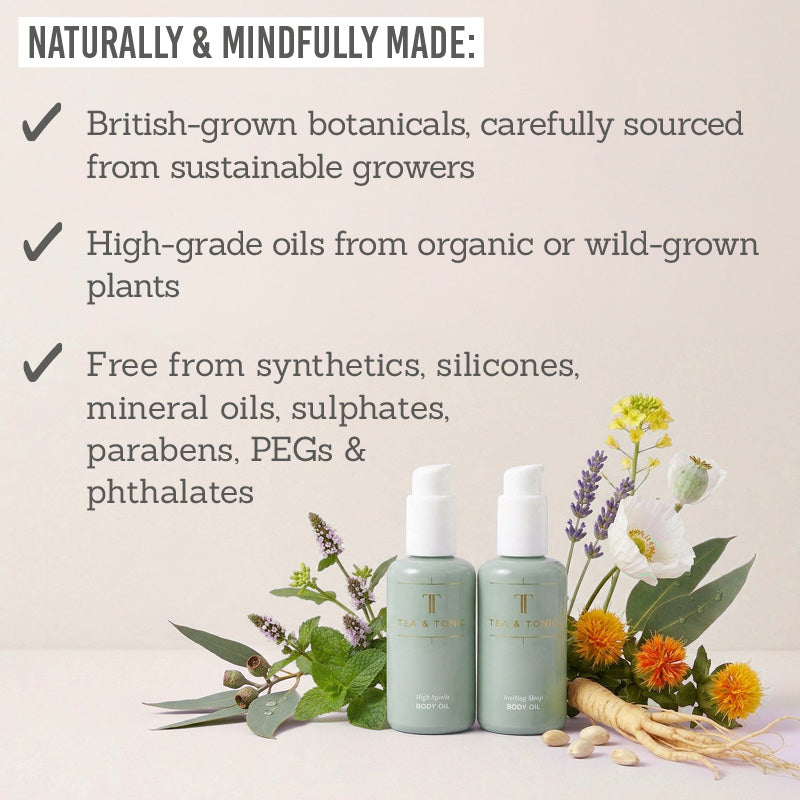 Tea + Tonic Day & Night Body Oil Duo naturally & mindfully made - british grown botanicals, high-grade oils, free-from