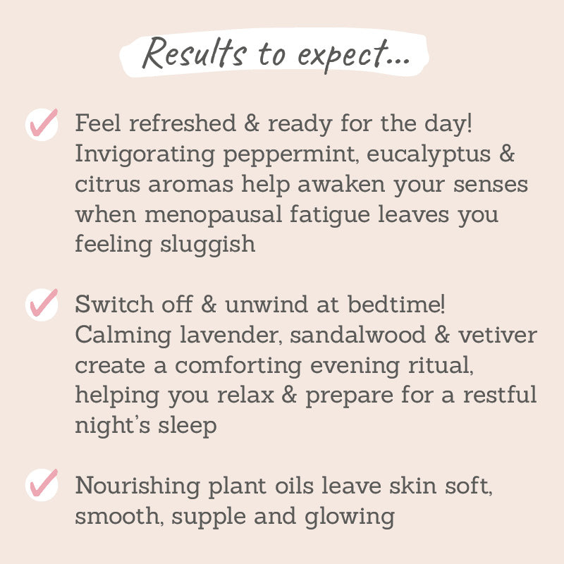 Results to expect - feel more refreshed when menopausal fatigue hits, easier to switch off for a restful sleep, skin feels soft, smooth & glowy