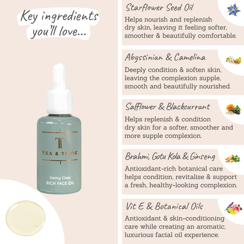 Tea+Tonic Saving Grace Face Oil Key Ingredients - Starflower, abyssinian, camelina, safflower, blackcurrant, brahmi, gotu kola, ginseng, beeswax, vit e, botanicals