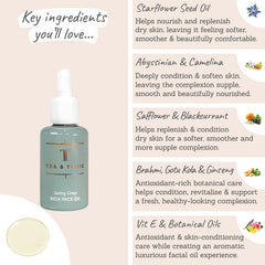 Tea+Tonic Saving Grace Face Oil Key Ingredients - Starflower, abyssinian, camelina, safflower, blackcurrant, brahmi, gotu kola, ginseng, beeswax, vit e, botanicals