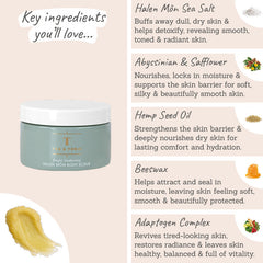 Tea + Tonic Bright Awakening Body Scrub Key Ingredients - Halen mon sea salt, abyssinian, safflower, hemp seed oil, beeswax, adaptogen complex
