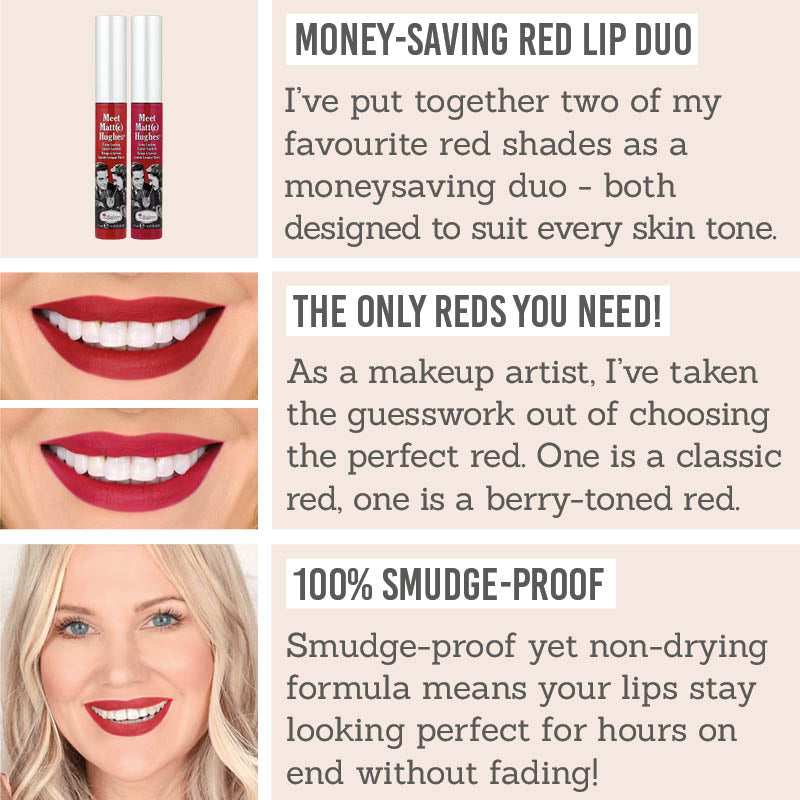 theBalm Meet Matt(e) Hughes Liquid Lipstick in Loyal & Devoted - Key Benefits - Money-saving red lip duo, the only reds you need, 100% smudge-proof