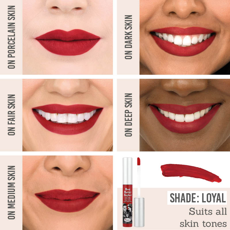 theBalm Meet Matt(e) Hughes Liquid Lipstick in Loyal on different skin tones