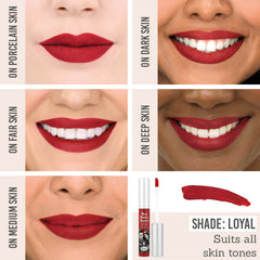 theBalm Meet Matt(e) Hughes Liquid Lipstick in Loyal on different skin tones