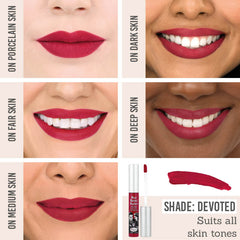 theBalm Meet Matt(e) Hughes Liquid Lipstick in Devoted on different skin tones