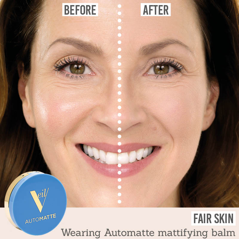 Veil Automatte showing before and after results on fair skin