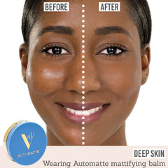 Veil Automatte showing before and after results on deep skin tone