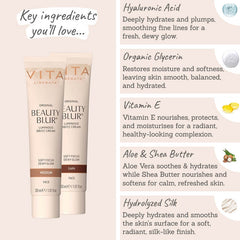 Vita Liberata Beauty Blur Luminous BB/CC Cream key ingredients - hyaluronic acid, organic glycerin, vitamin E, aloe & shea butter, hydrolized silk